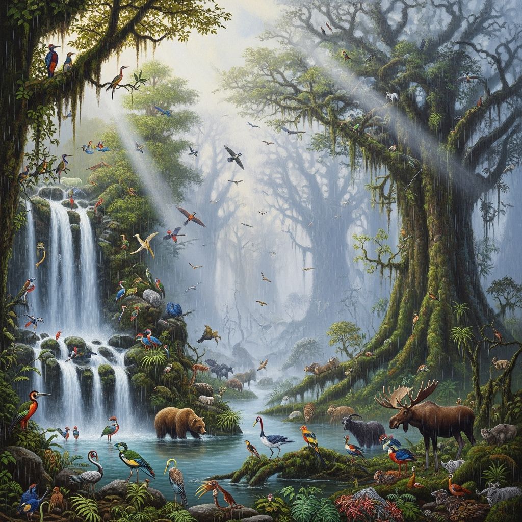 Misty Rainforest Waterfall Oasis with Animals