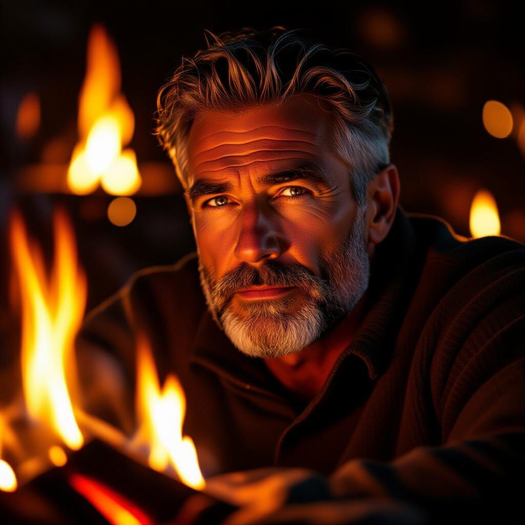Man Stares into Firelight, Shadows Dance on Face