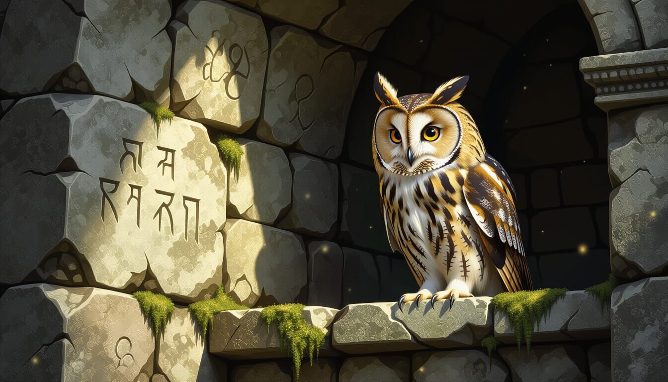 Majestic Owl in Ancient Stone Chamber