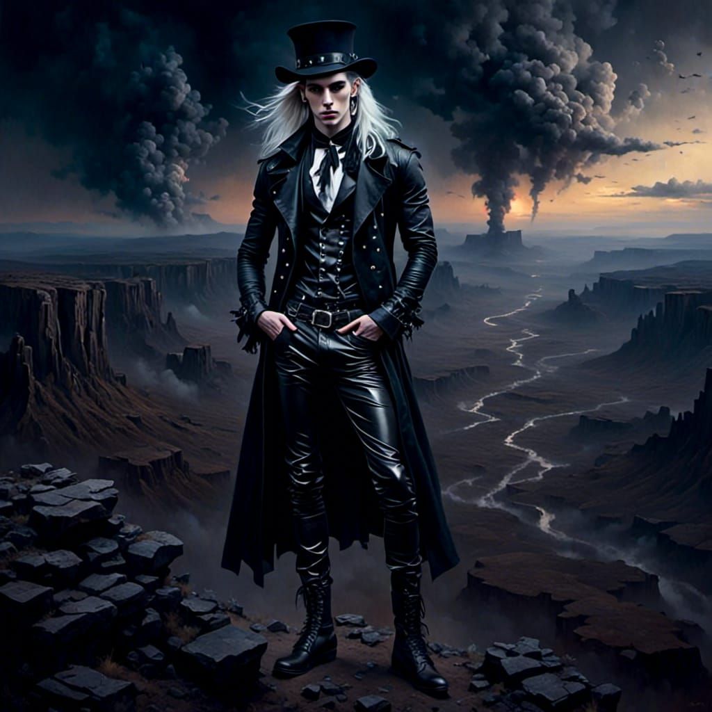 Gothic Metalhead Overlooks Barren Landscape