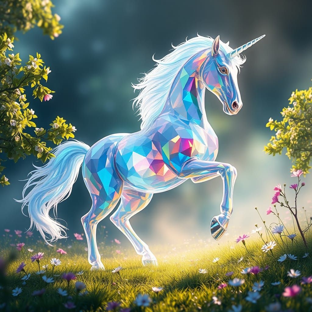 Ethereal Crystal Alicorn Illuminates Lush Enchanted Meadow