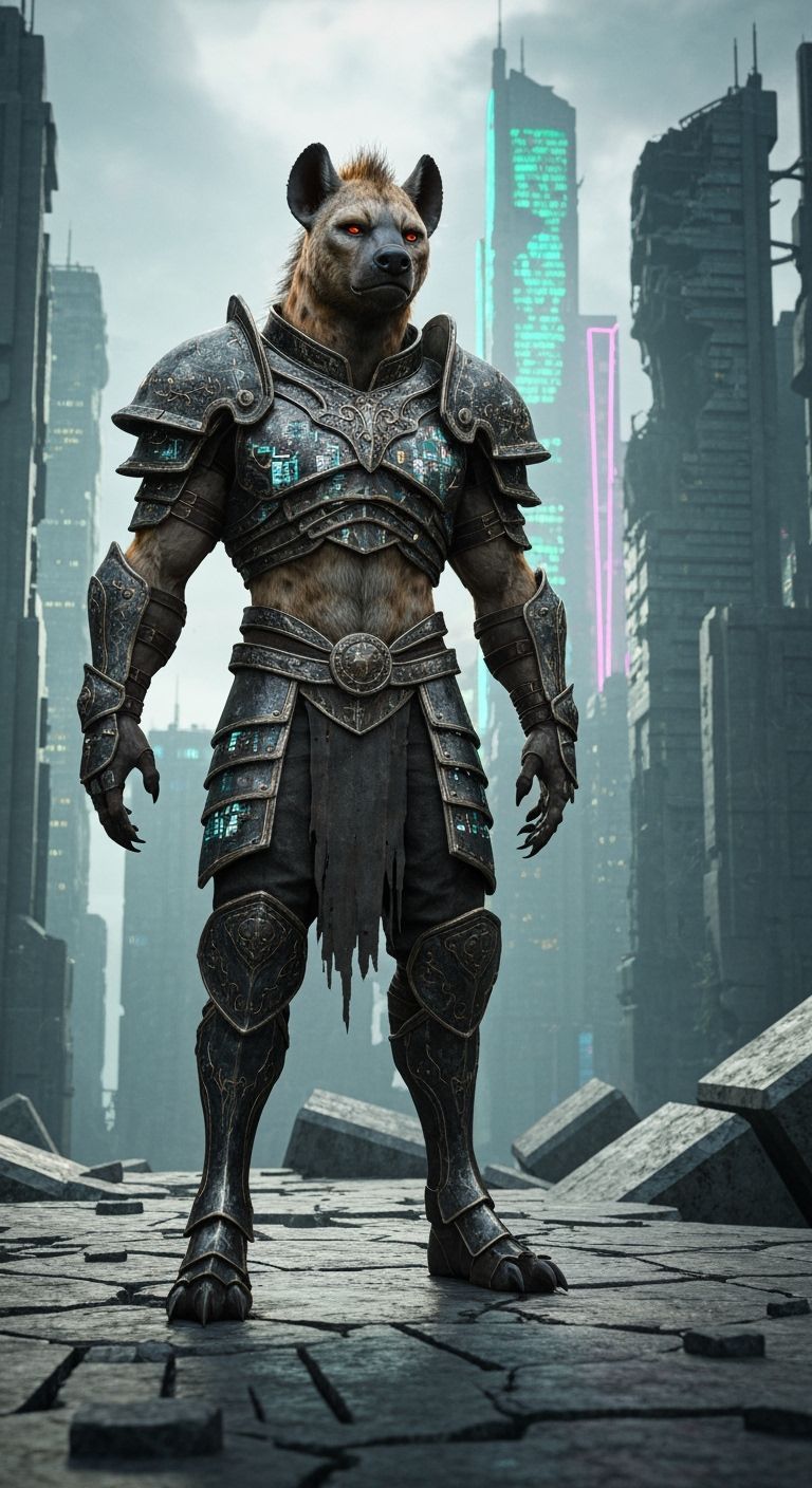Hyena Warrior in Dark Fantasy Armor on Futuristic Cityscape