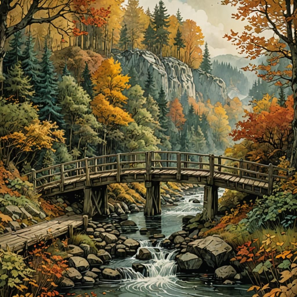 Autumnal Forest Bridge in Storybook Style