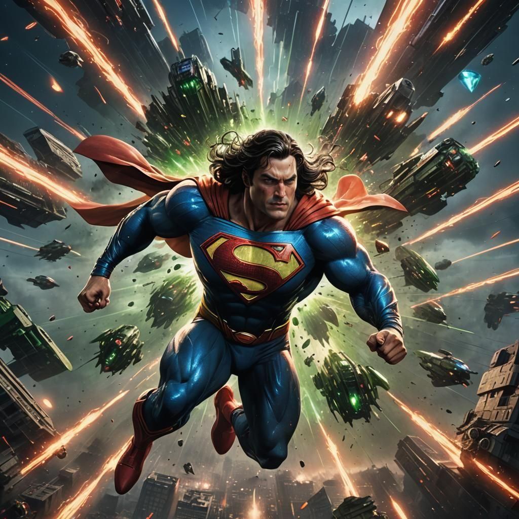 Superman Battles Aliens in Neon Cyberpunk Style