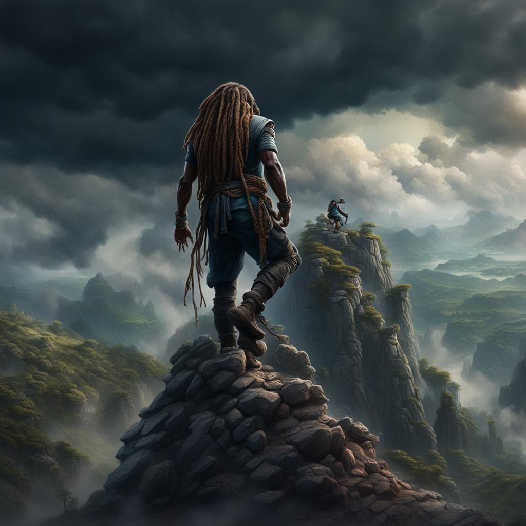 Man Climbs Stormy Mountain: Fantasy Concept Art