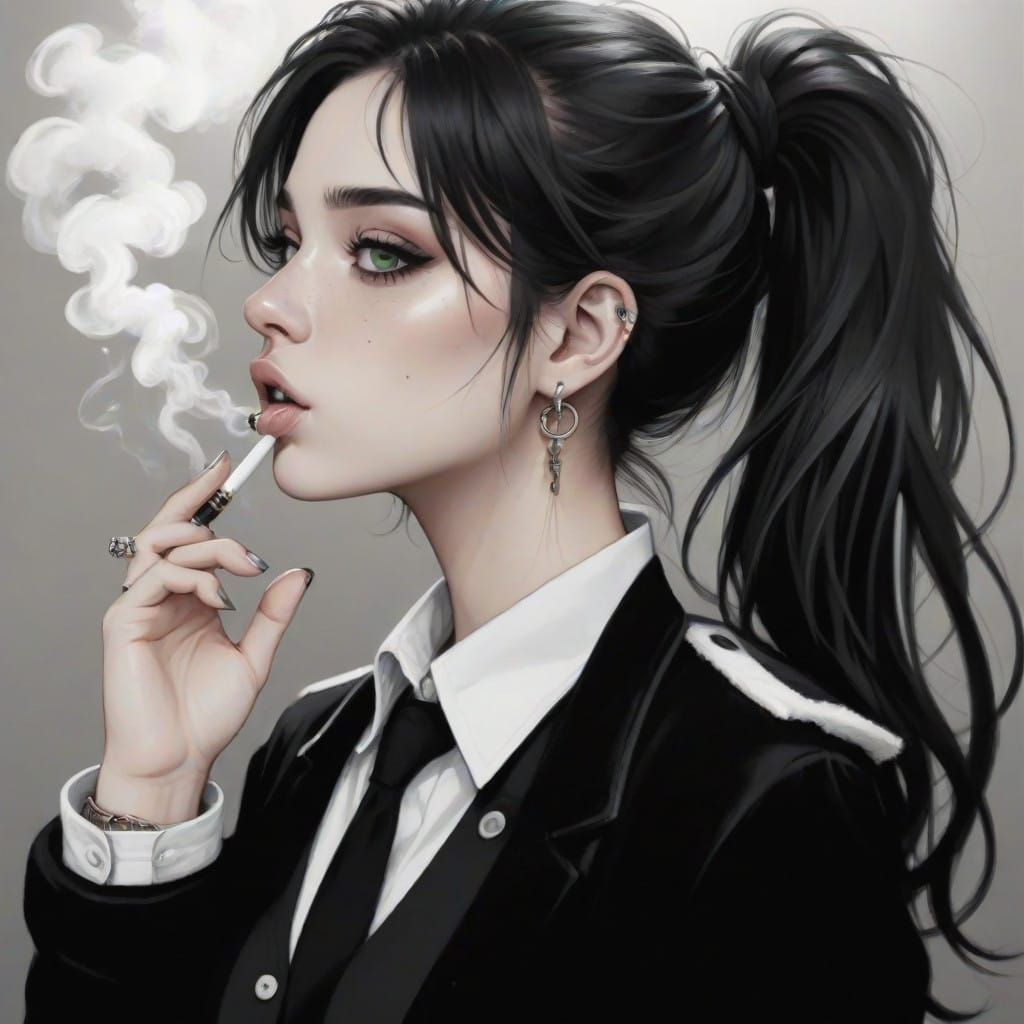 Girl in Edgy Streetwear Attire Smoking with Piercings