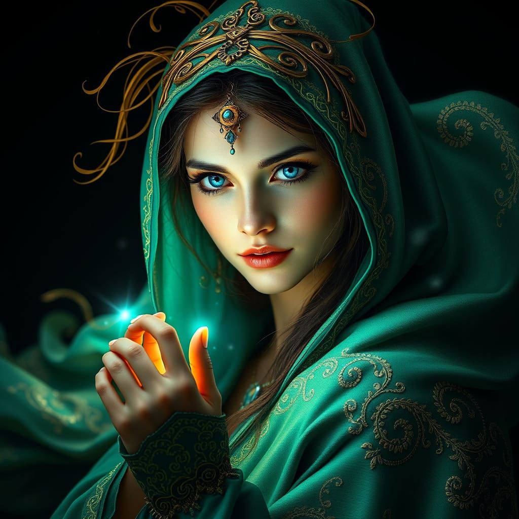 Celtic Woman in Emerald Cloak, Art Nouveau Style