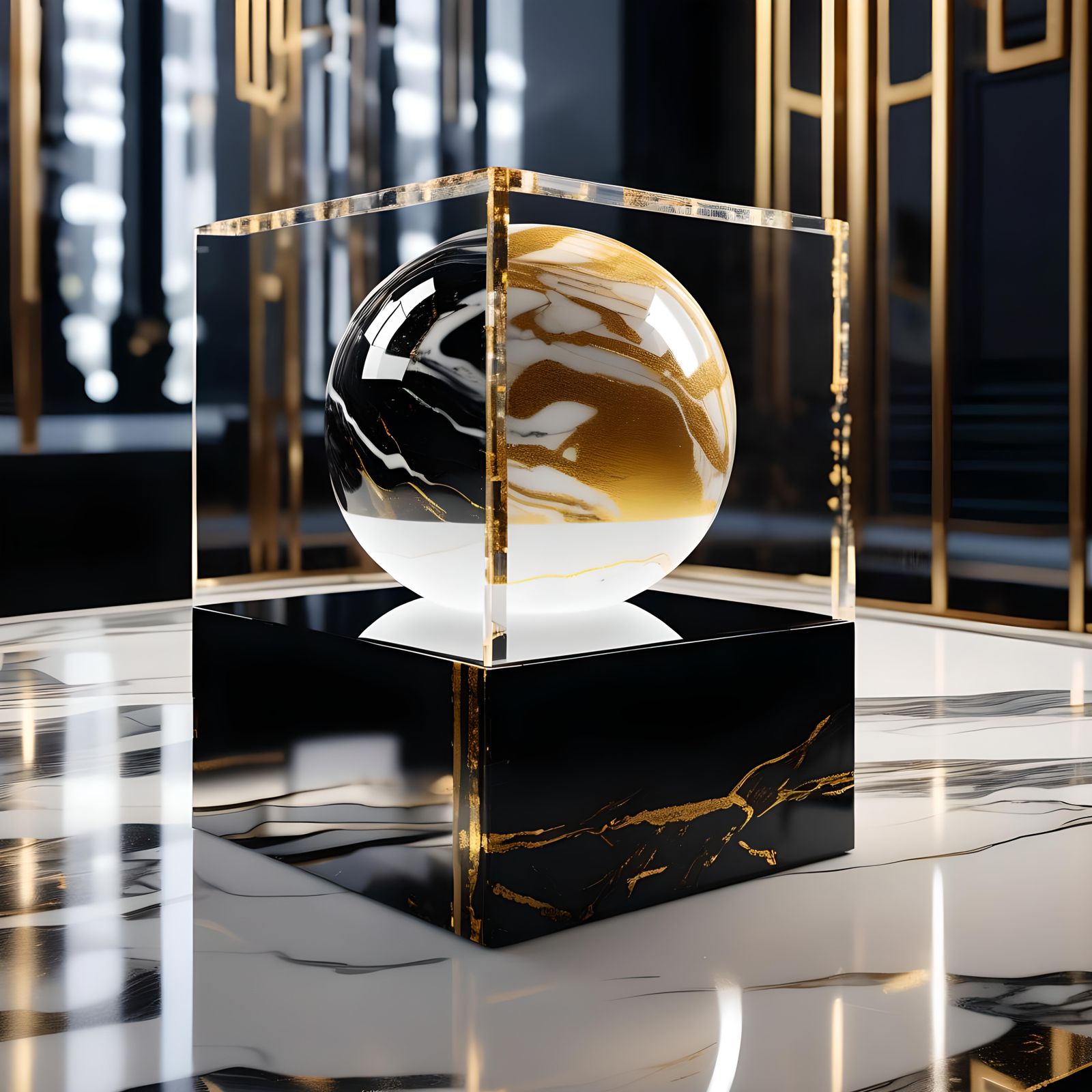 Resin Cube Encasing Marble with Gold Shimmers