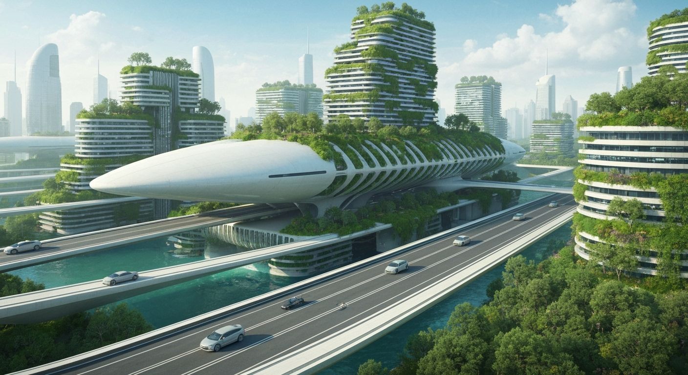 Utopian Future Without AI: Frutiger Aero Cityscape