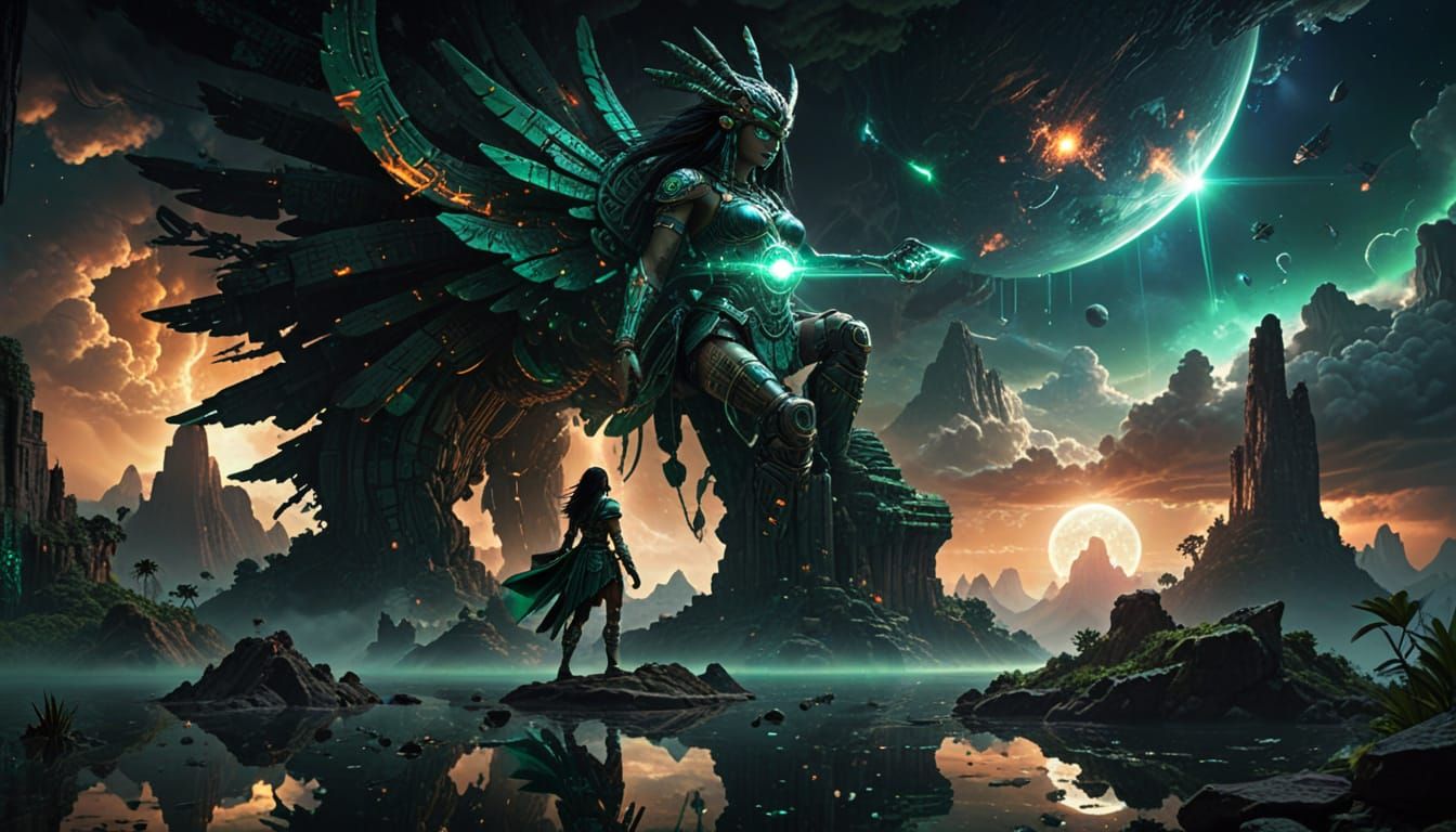 Aztec Cyborg Princess in a Sci-Fi Landscape
