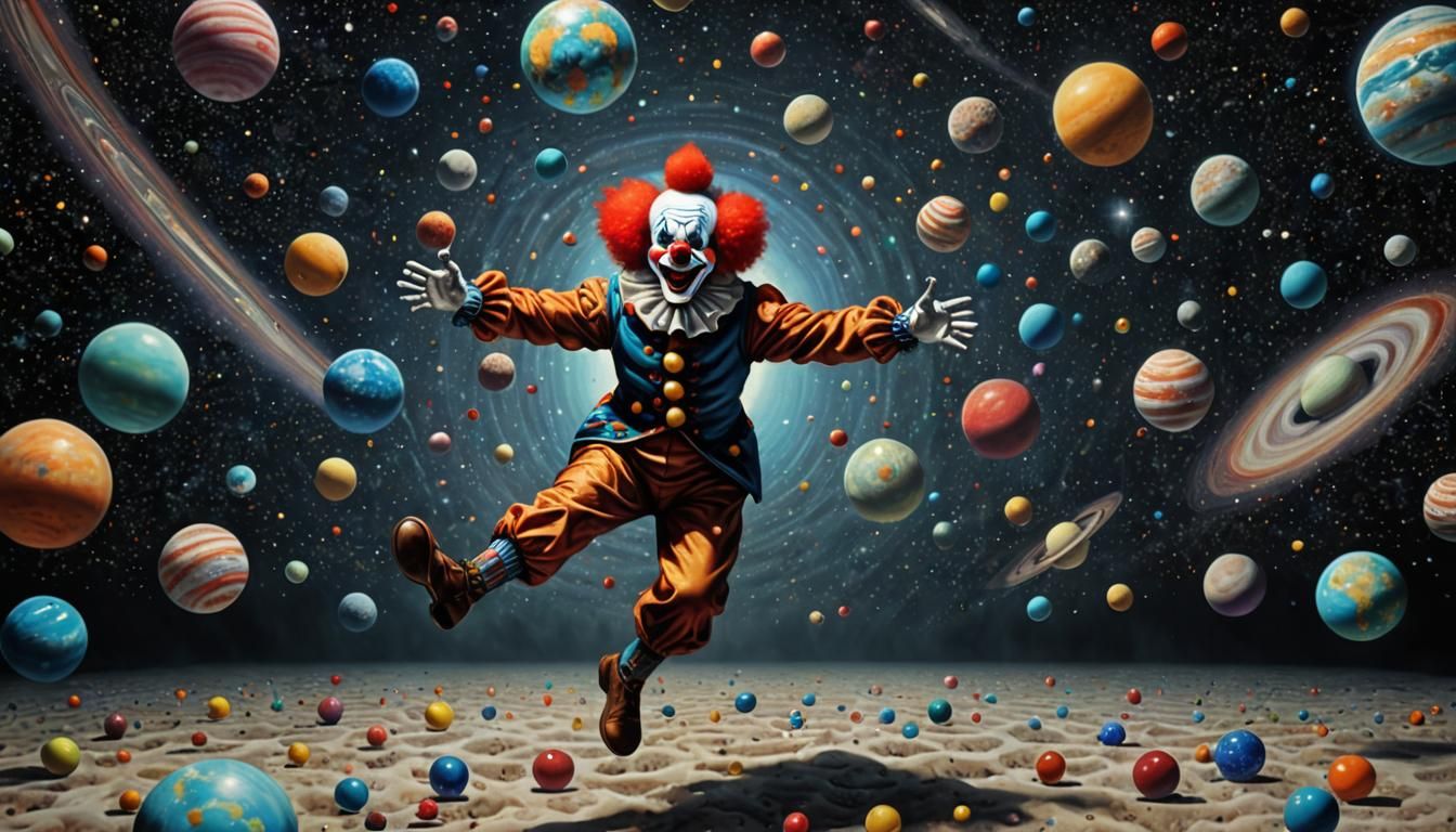 Retrofuturistic Clown Cartwheels Through Infinite Space