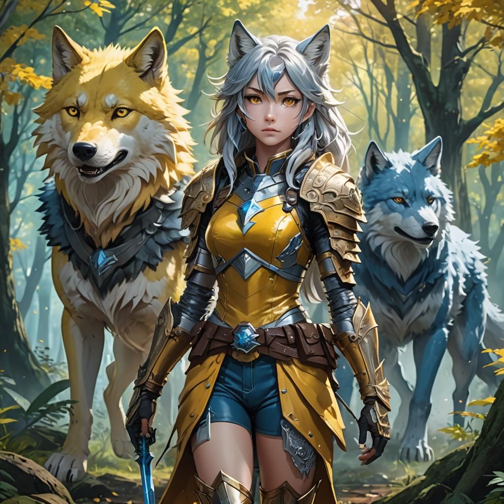 Anime Woman with Wolf in Digital Art Style