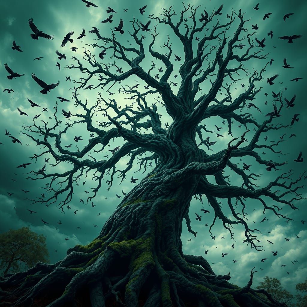 Ancient Tree Silhouetted Against Stormy Sky