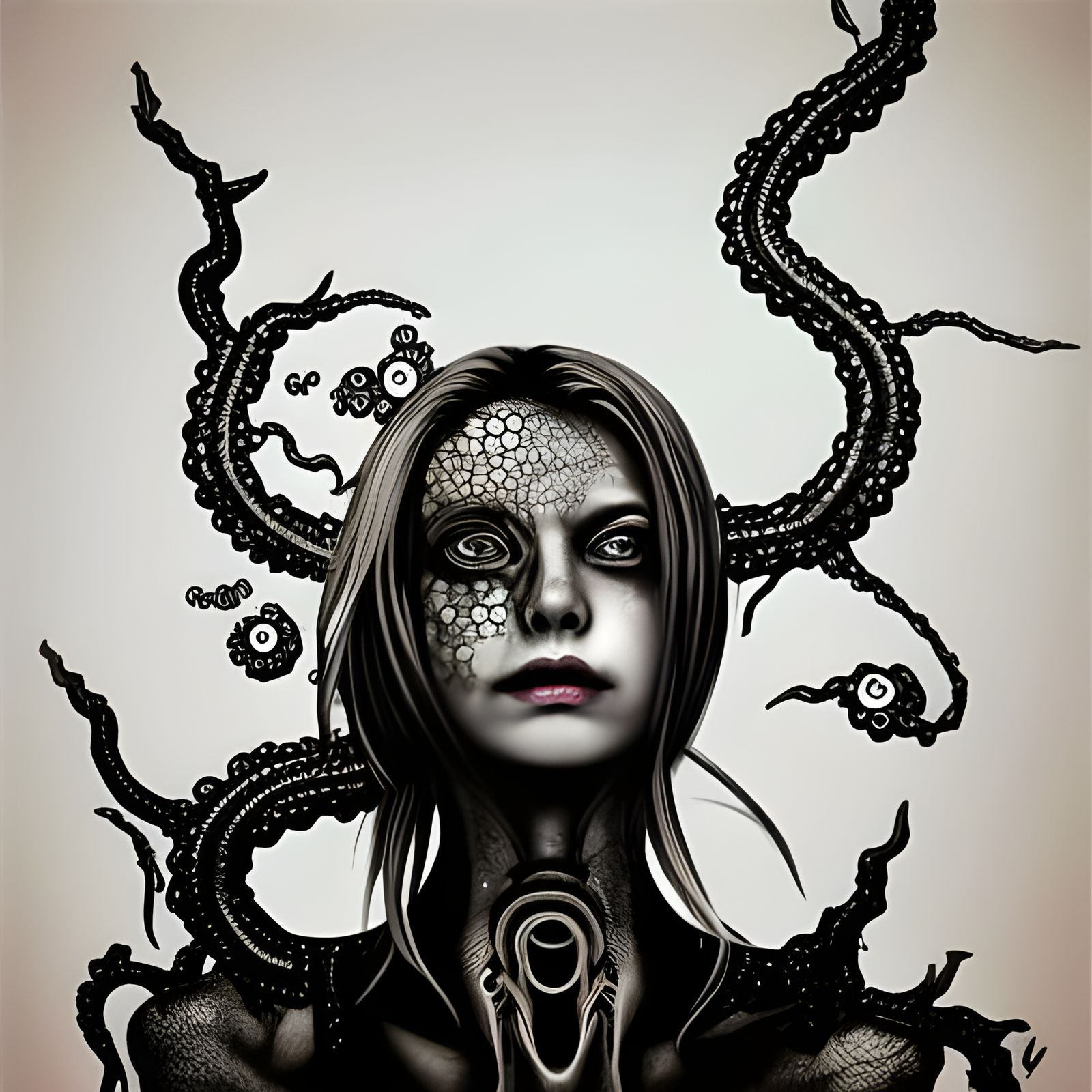Intricate Biohazard Woman Portrait in Calligraphic Style