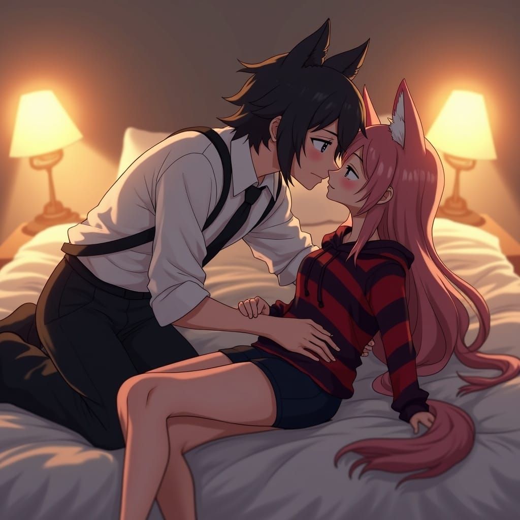 Anime Couple in Intimate Moment with Wolf Features