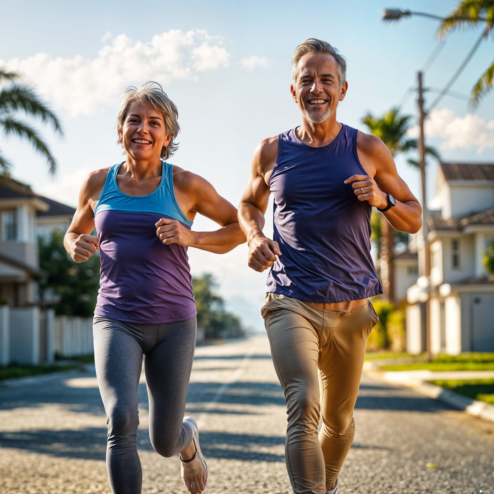 Elderly Couple Running in Serene Suburban Street