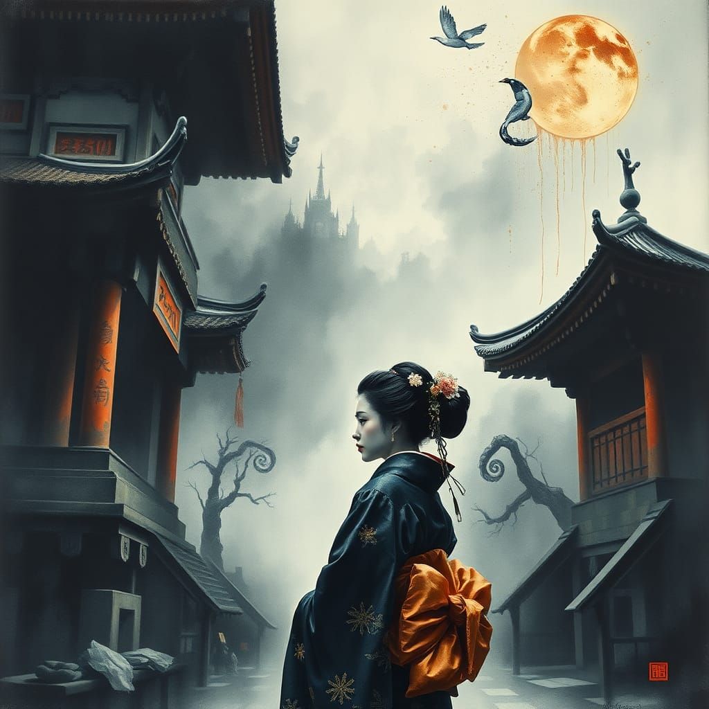 Melancholy Geisha in Ancient Japanese Temple Watercolor