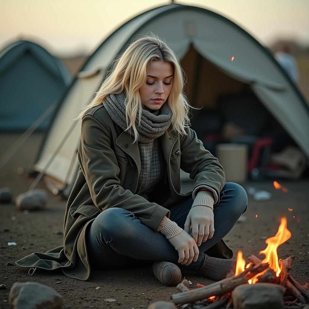 Woman by Fire in Homeless Camp: Atmospheric Lighting