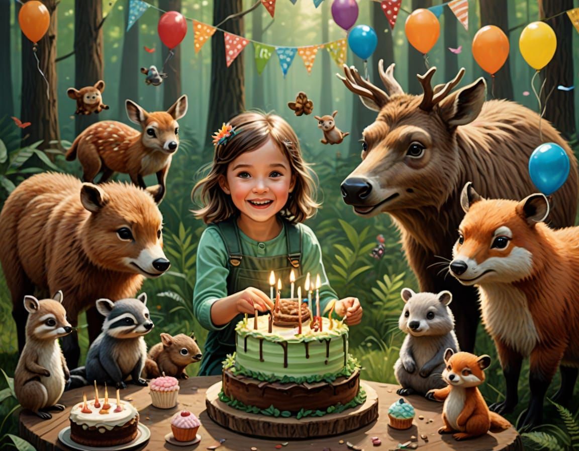 Little Girl's Birthday Celebration with Forest Animals
