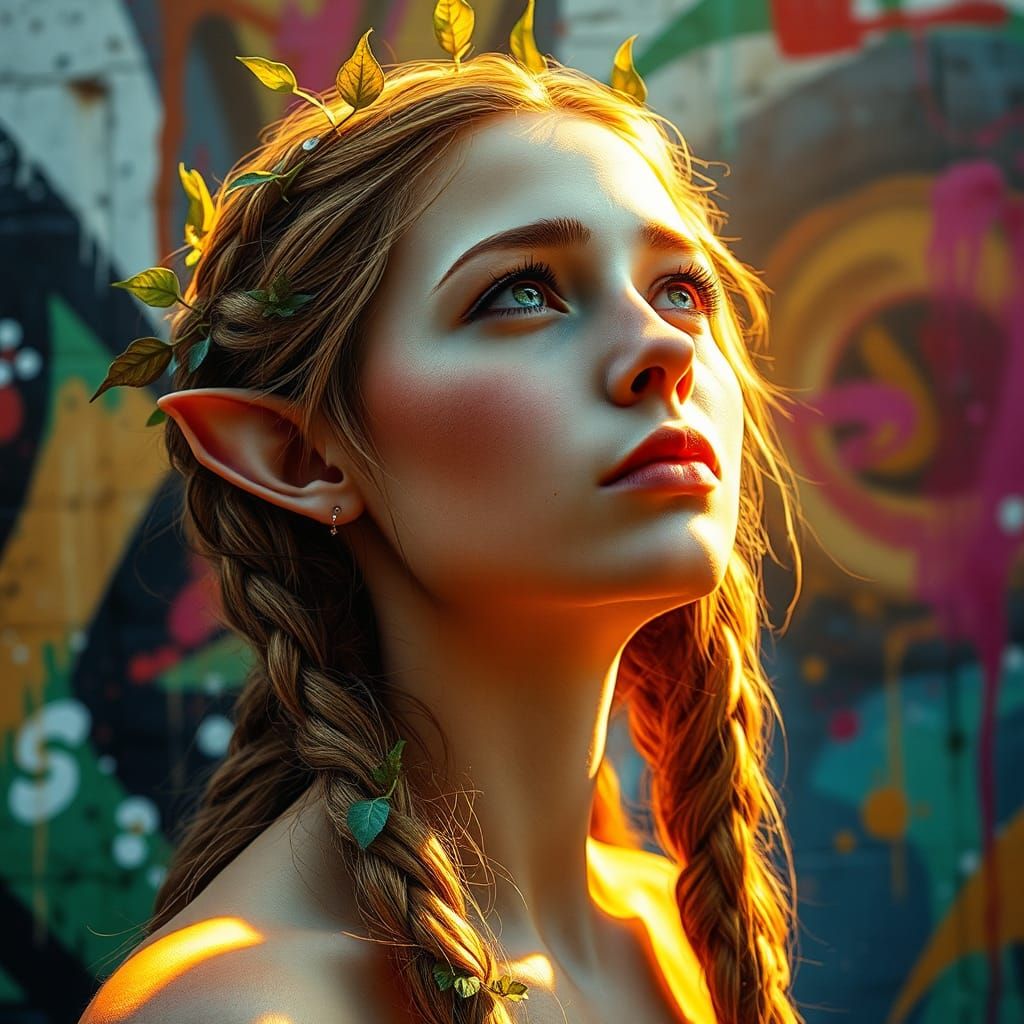 Ethereal Elf Woman in Polychromatic Graffiti Art