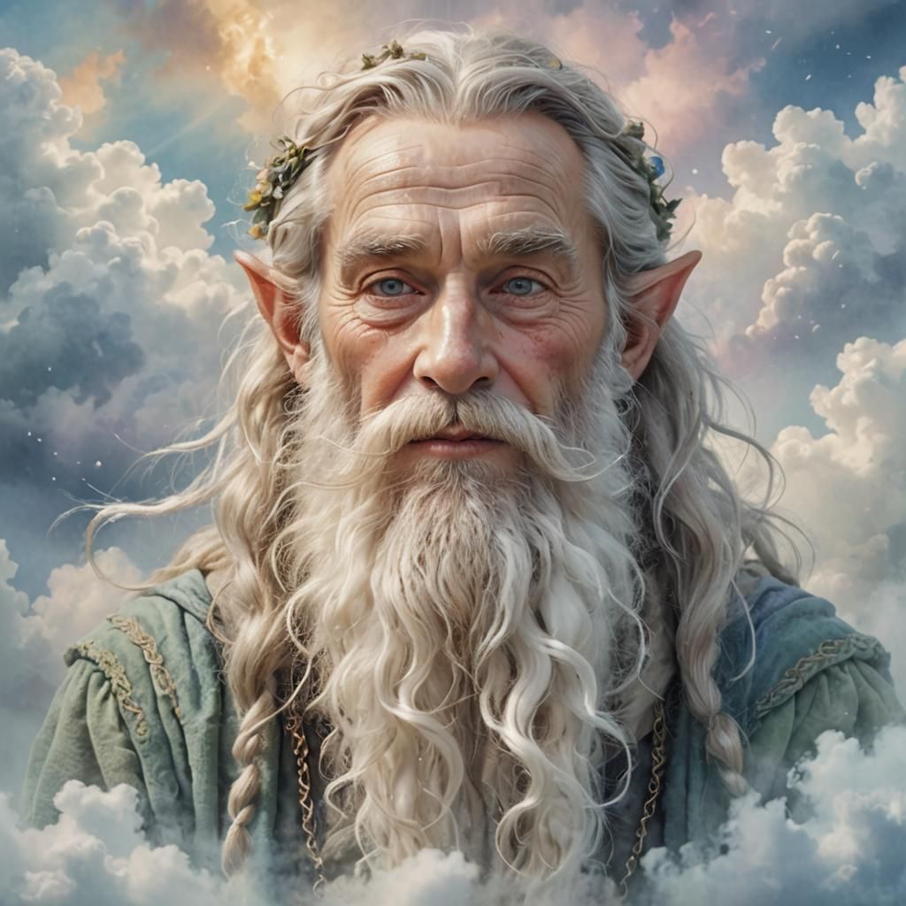 Ethereal Elf Portrait with Cloud Beard in Watercolor Style