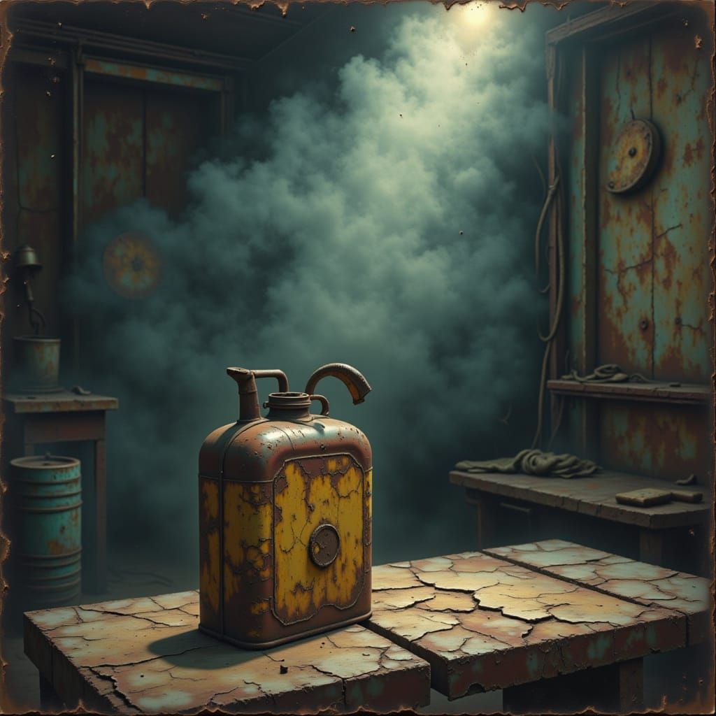 Vintage Oil Can in Dimly Lit Garage