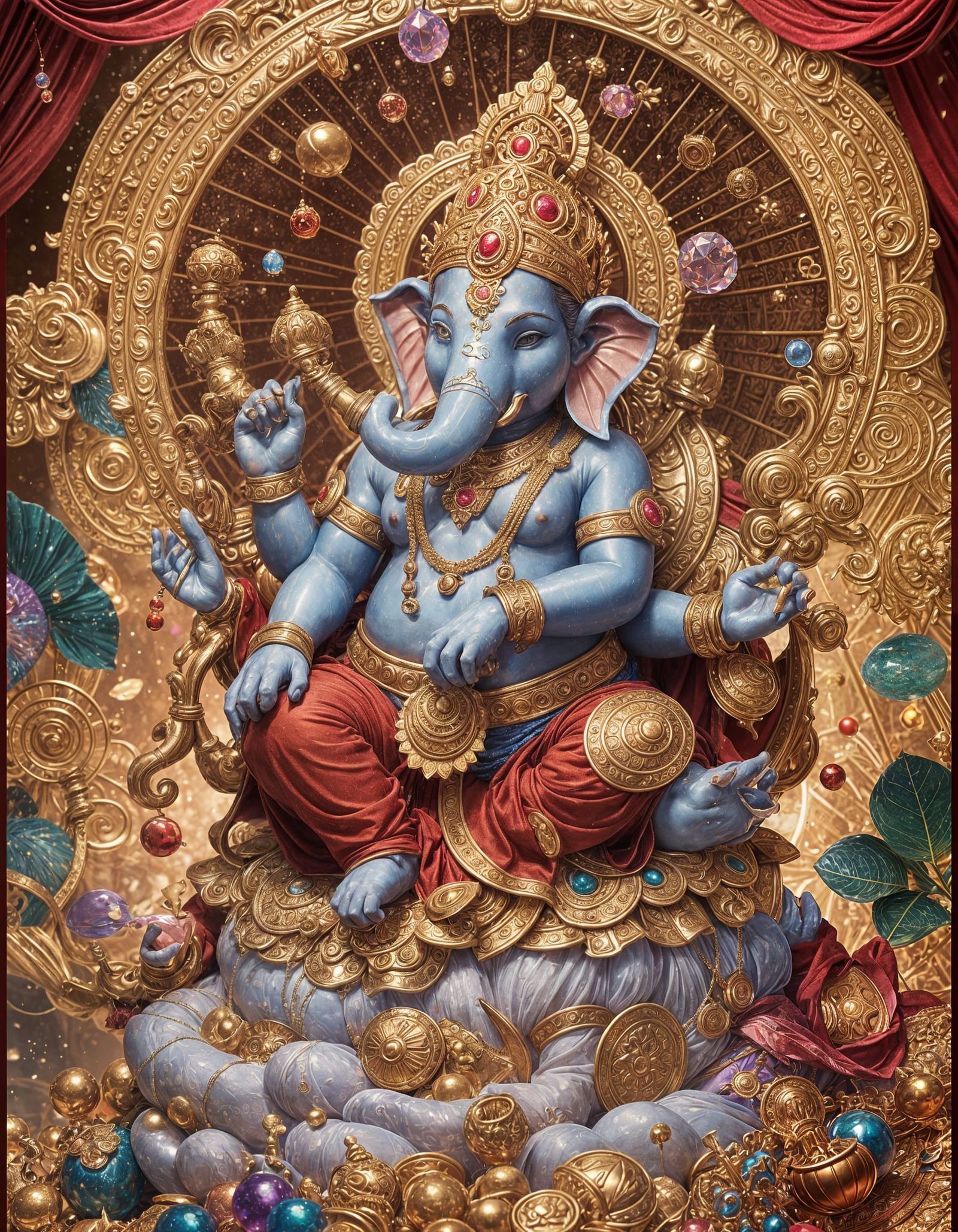 Young Ganesha on Treasure Throne in 3D Anime Art