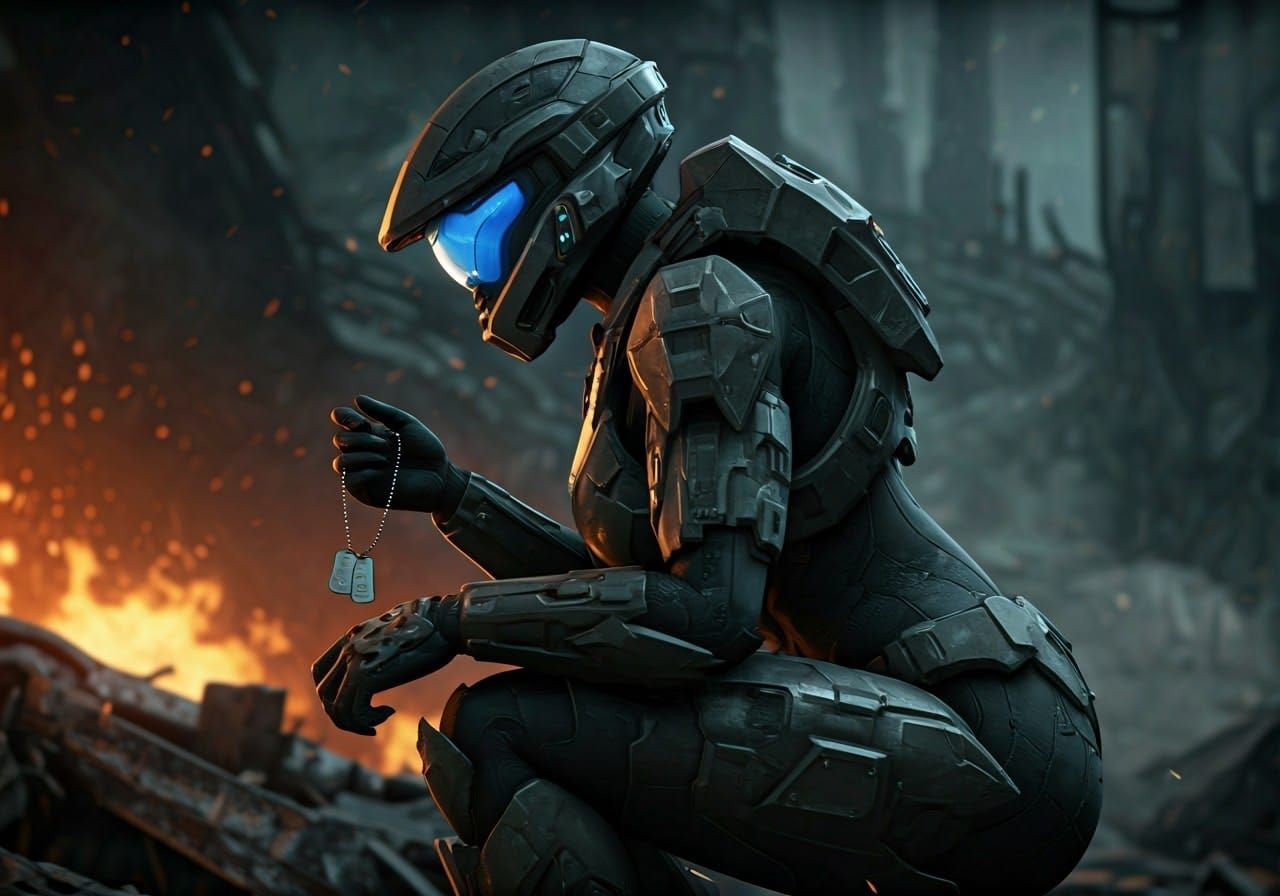 Halo ODST Kneeling on Battlefield with Dogtags