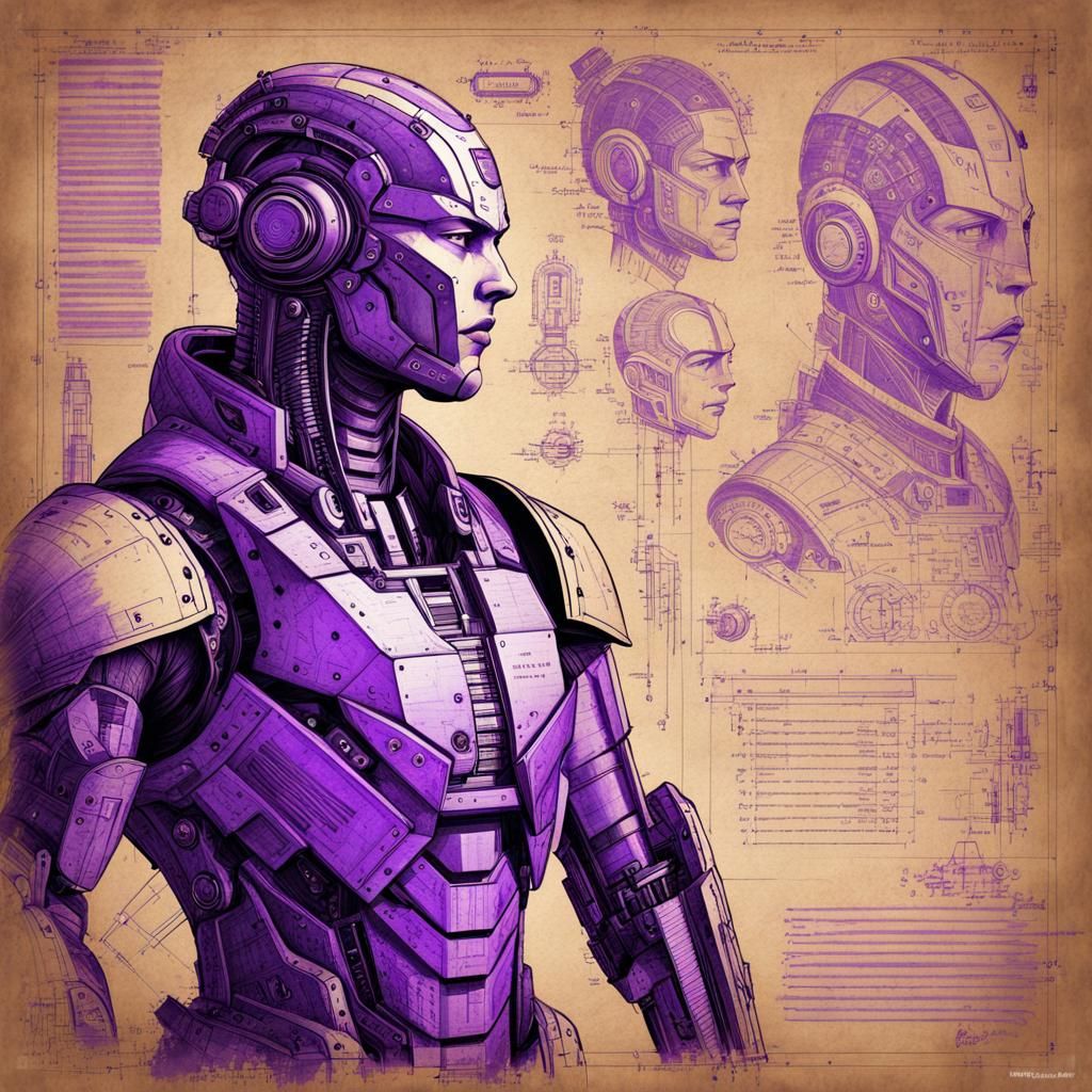 Cyborg Blueprint Design Sketch with Grunge Effect