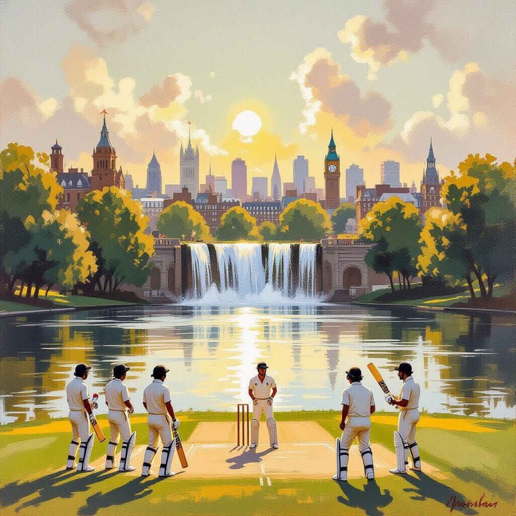 Cricket Spectacle at Lord's: 1970s Impressionist Painting