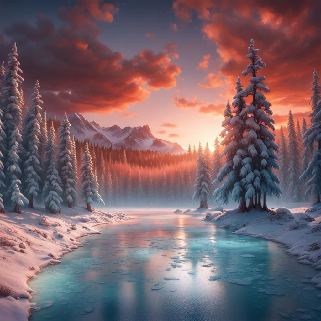 Turquoise Lake and Winter Forest in Sunset