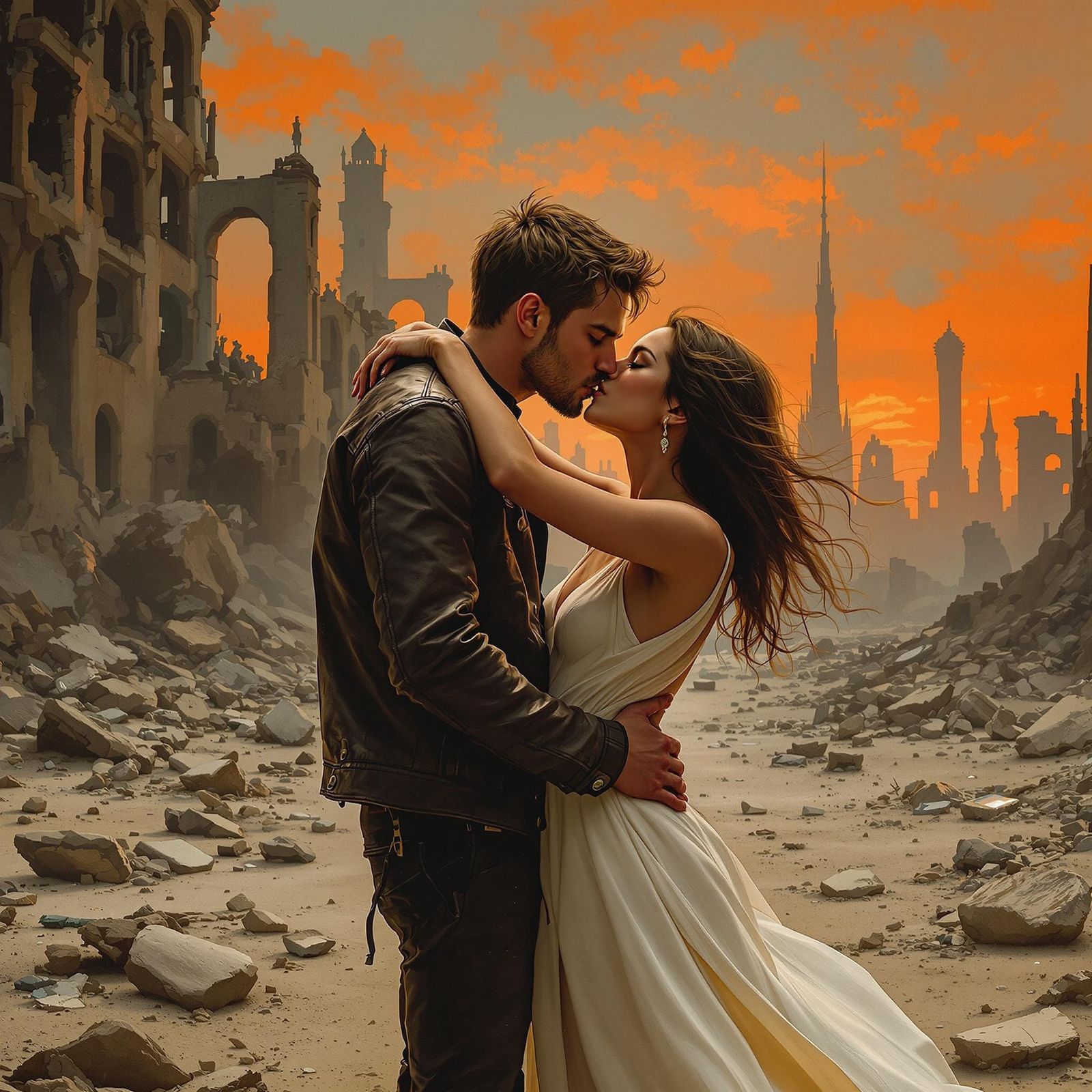 Dystopian Couple's Last Embrace in Apocalyptic Ruins