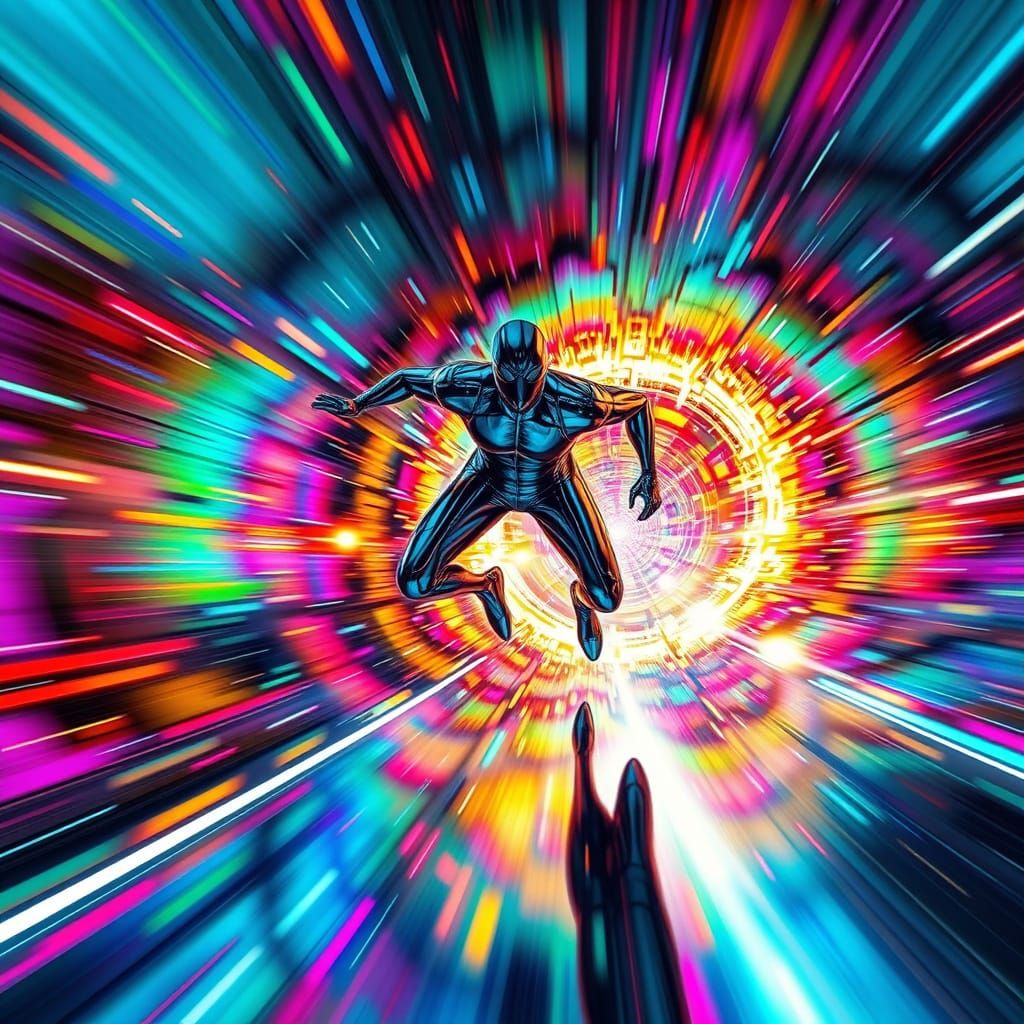 Cyberpunk Figure Speeds Through Kaleidoscopic Vortex