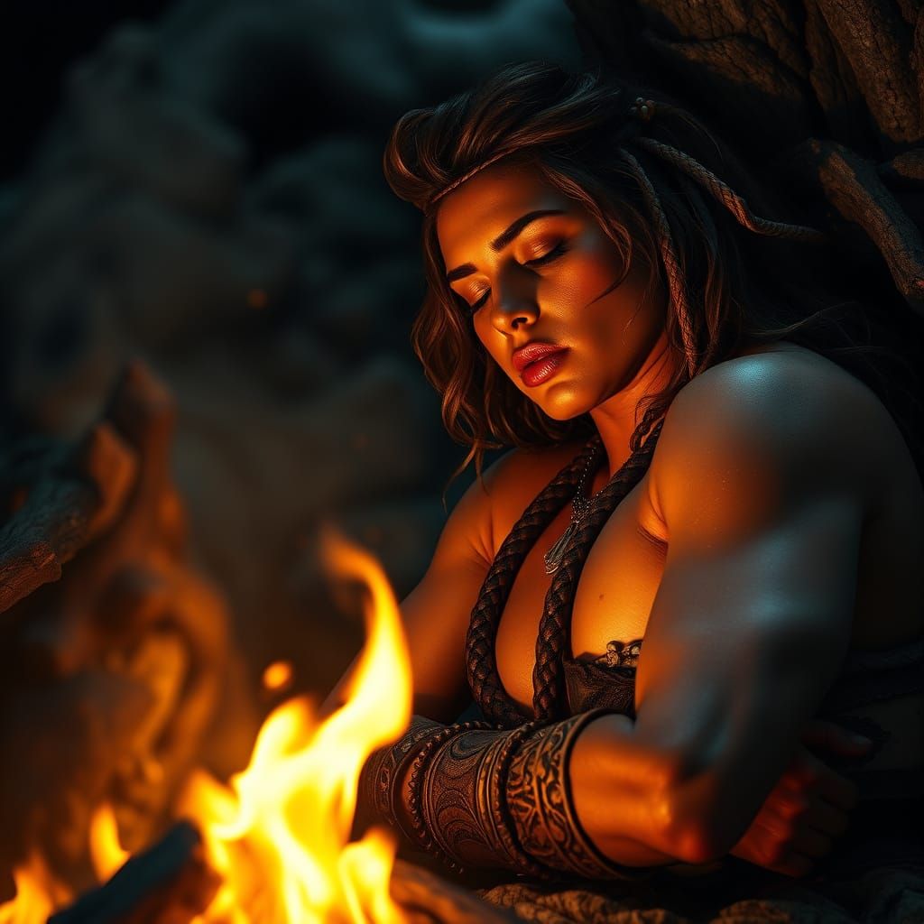 Muscular Barbarian Woman Sleeps by Campfire Light