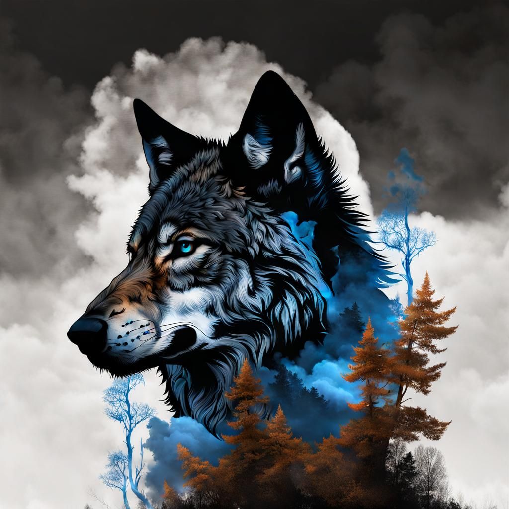 Blue Storm Wolf Silhouette: Double Exposure Art