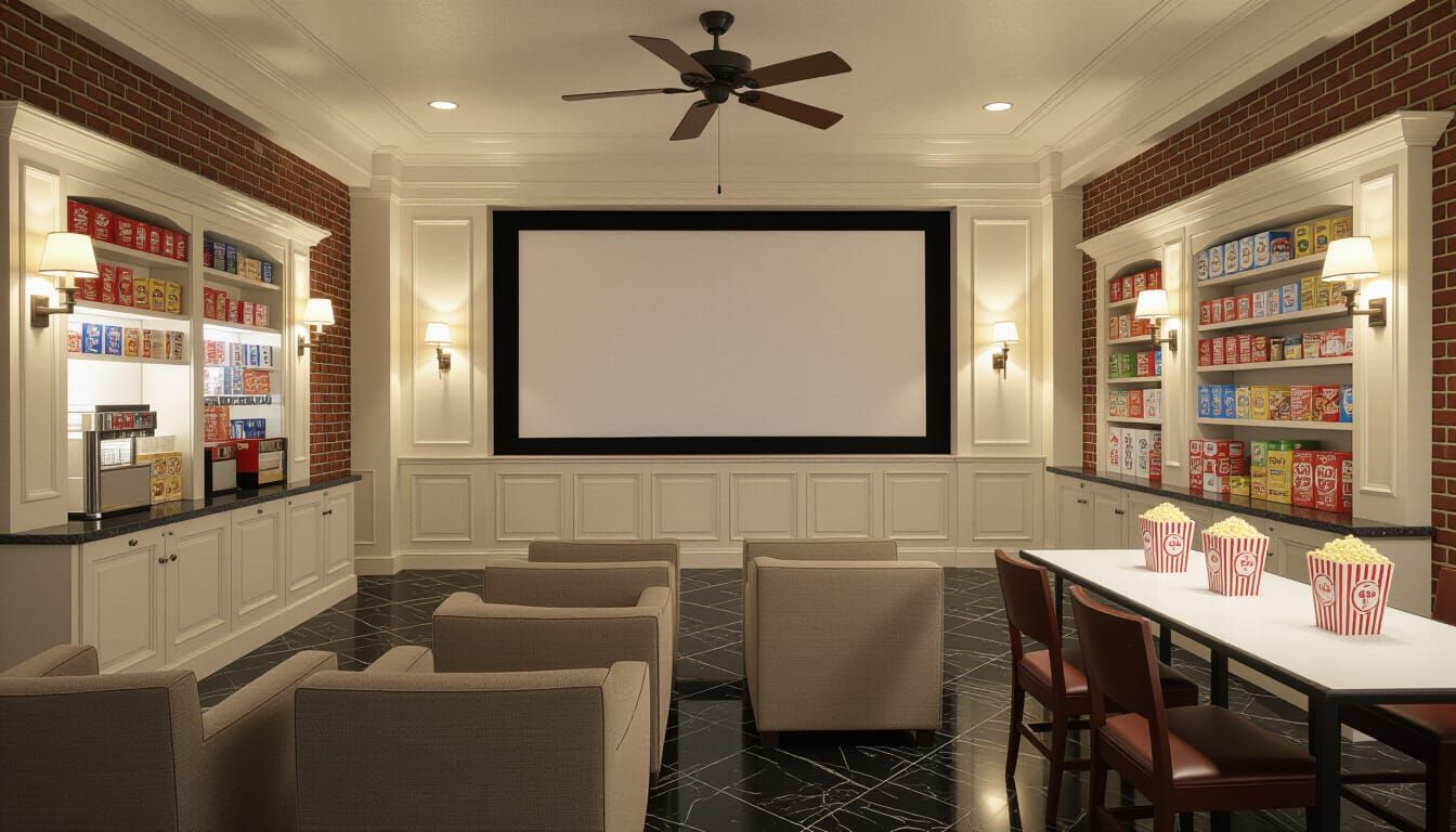 Victorian Movie Theater Room with Ivory and Brick Accents