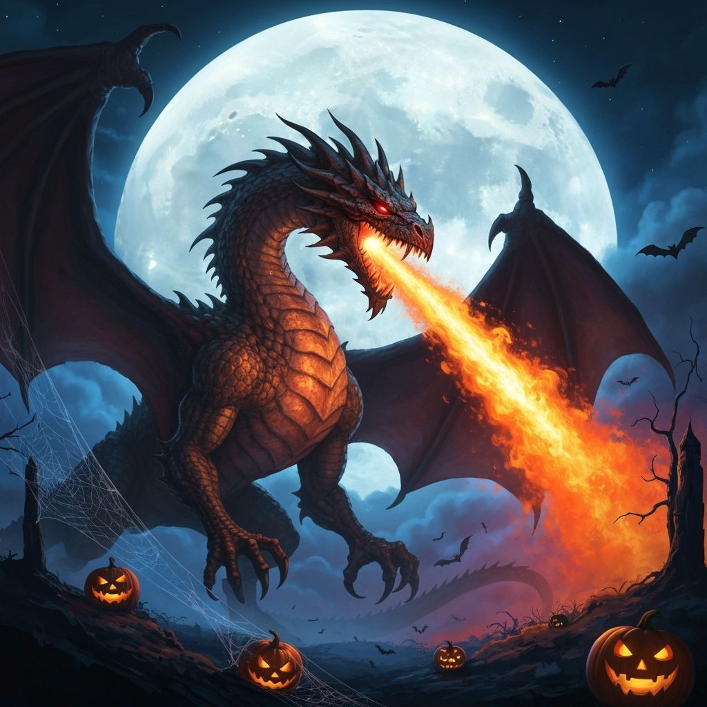 Fearsome Dragon Breathes Fire Under Halloween Full Moon