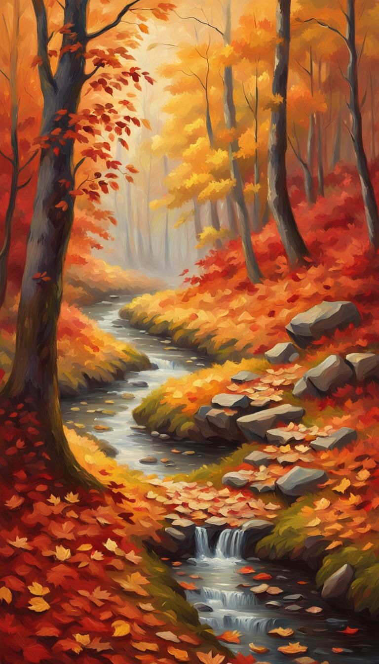 Autumnal Forest Path Oil Painting in Impressionist Style