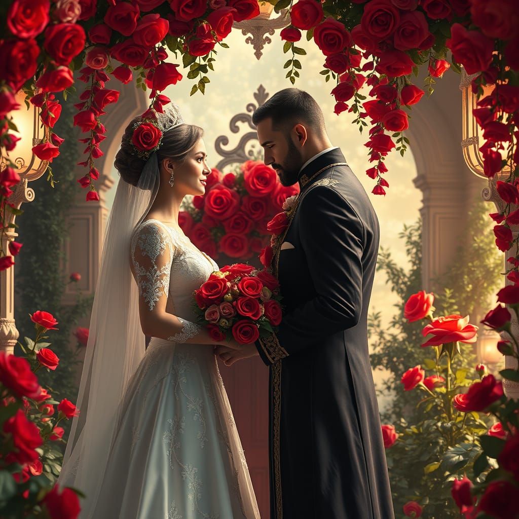 Regal Couple Exchanging Vows in Whimsical Red Rose Ceremony