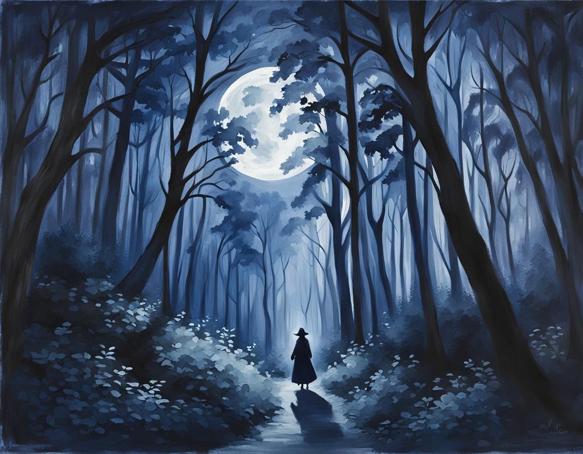 Ethereal Silhouette in Moonlit Forest: Fantasy Art