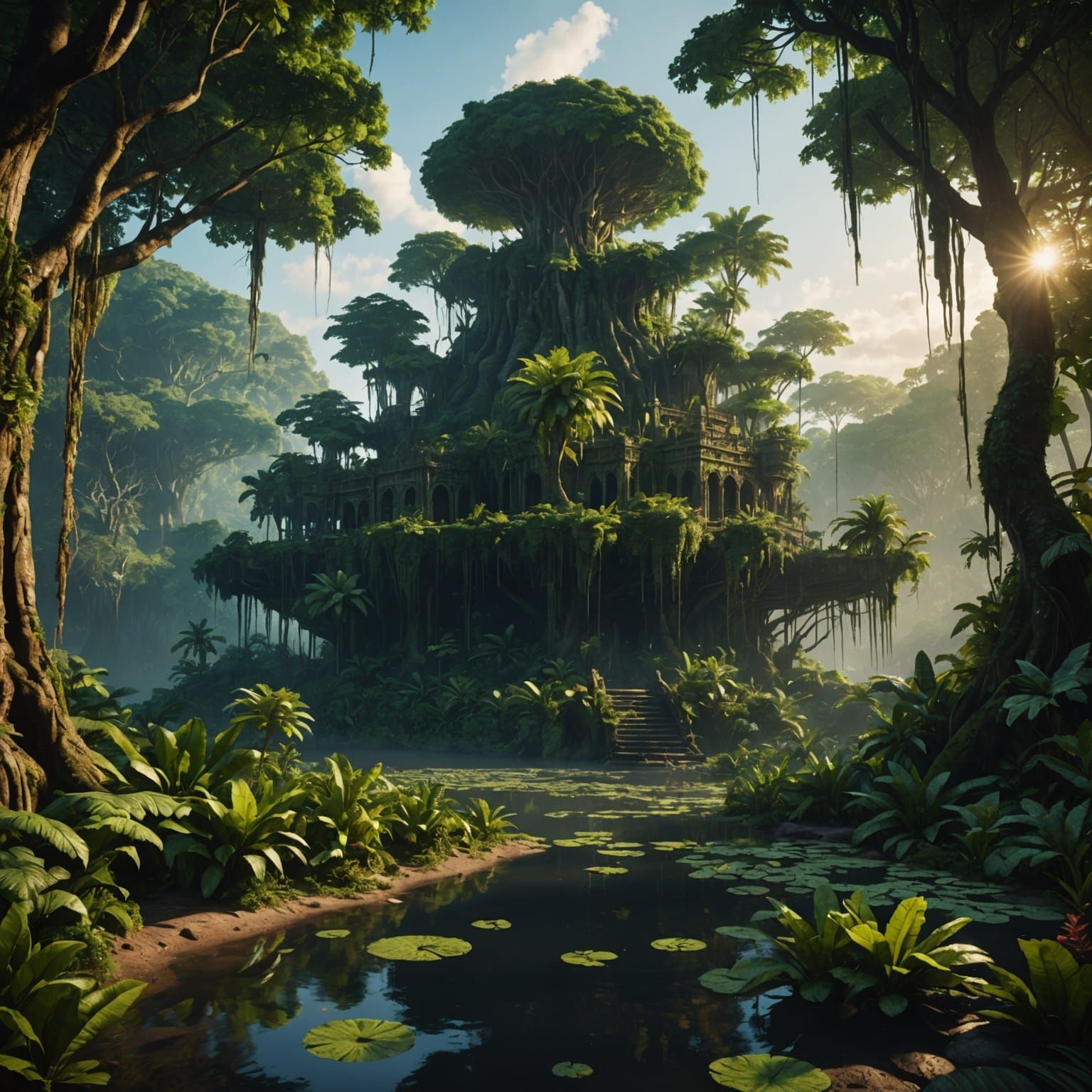 Amazon Rainforest Sunset: Detailed Matte Painting