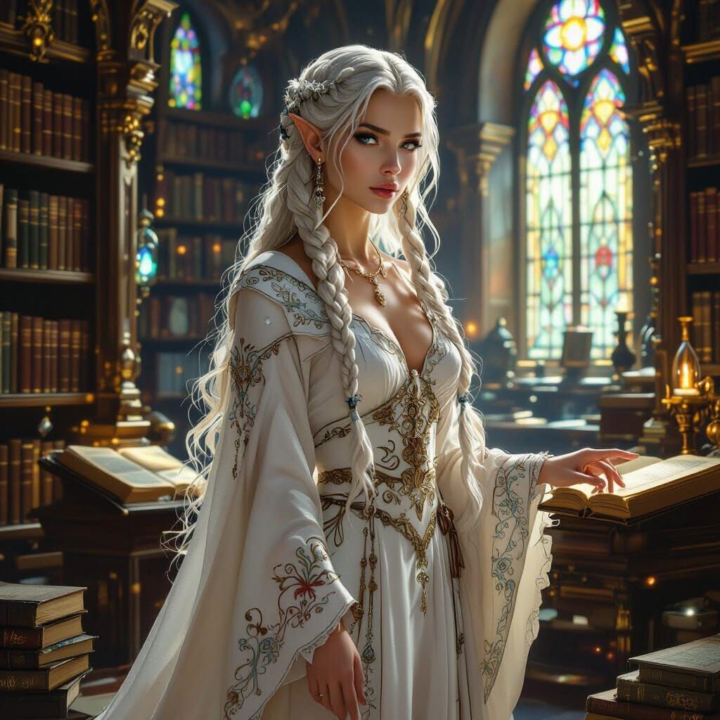 Elven Sorceress in Grand Library: Hyperrealistic Fantasy Art