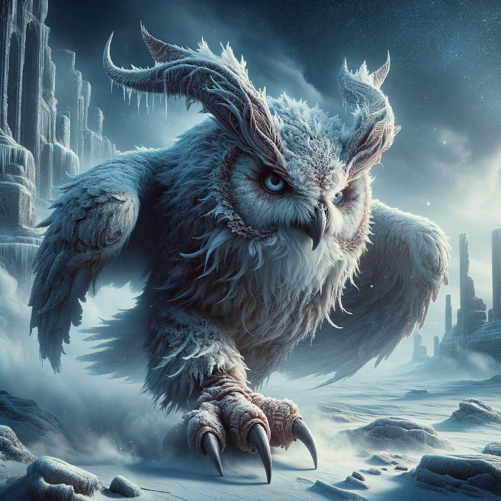 Majestic Frost Owl Creature in Icy Landscape