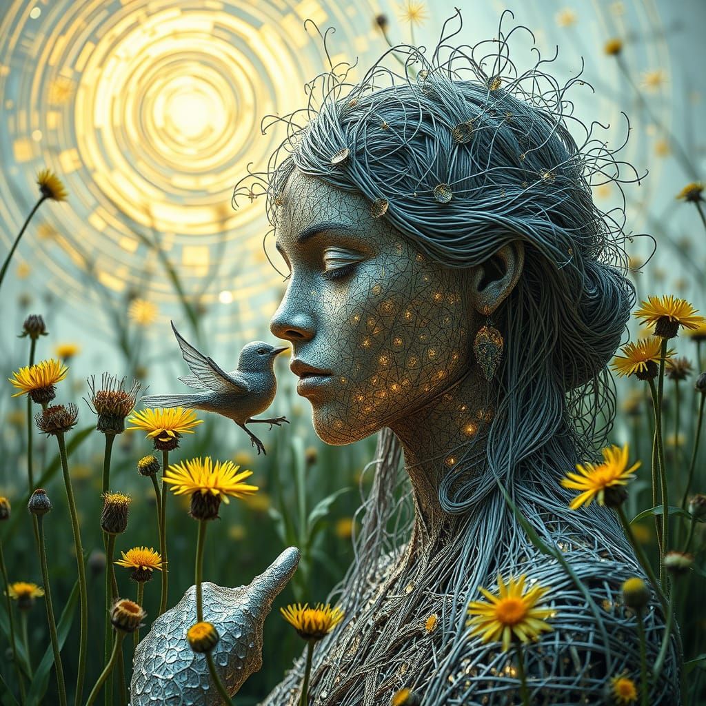 String Woman Kissing Bird: Eco-Art Portrait