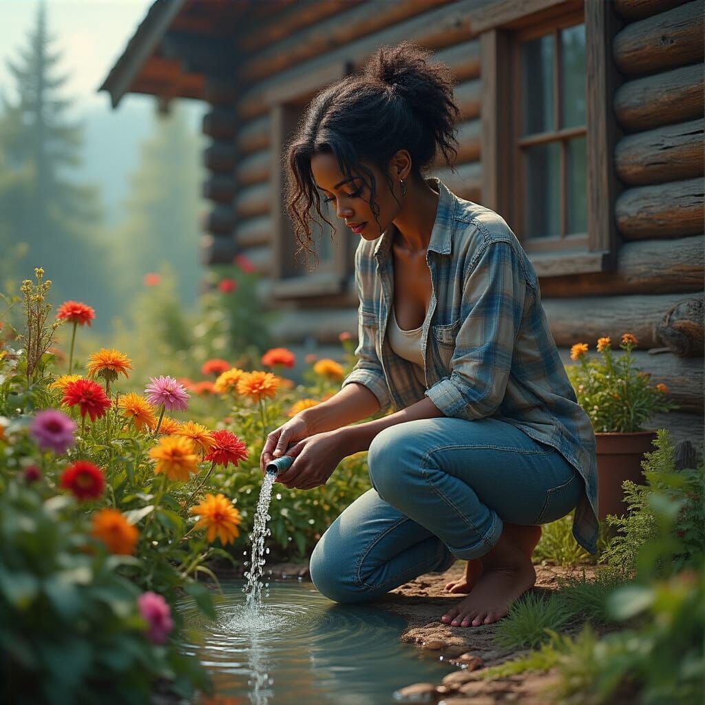 Woman Waters Flowers in Hyperrealistic Garden Scene