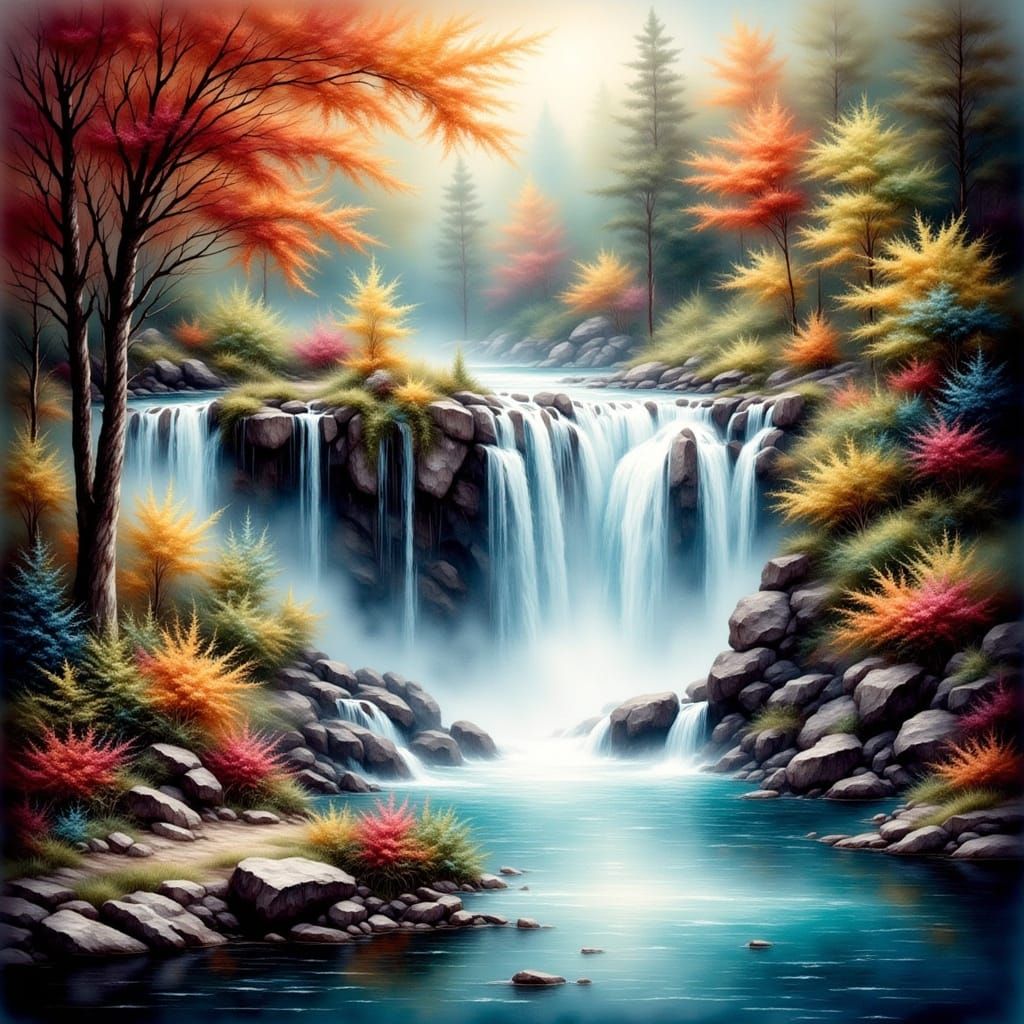 Whimsical Waterfall Scene in Thomas Kinkade Style