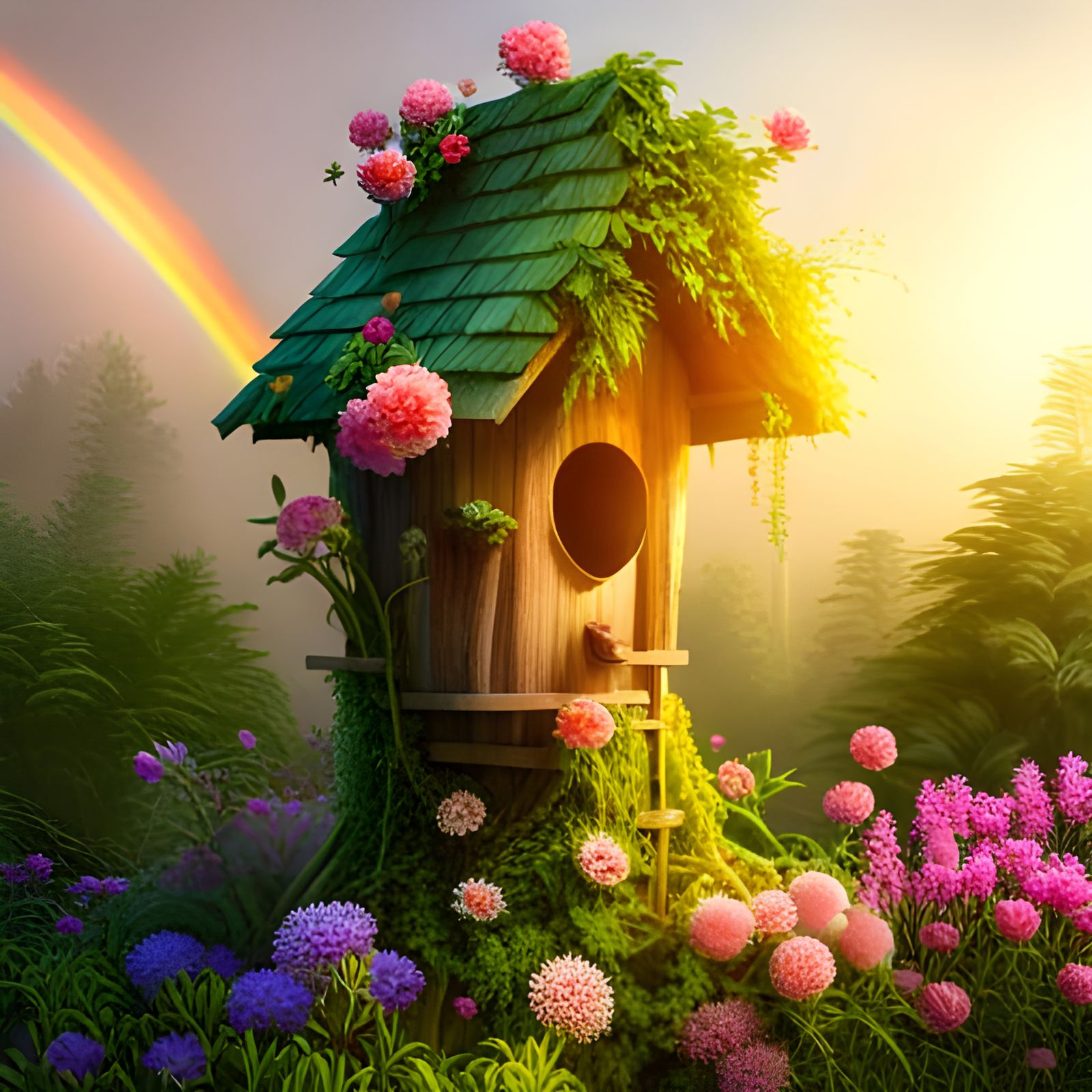 Rainbow Birdhouse in Dreamy Photoreal Style