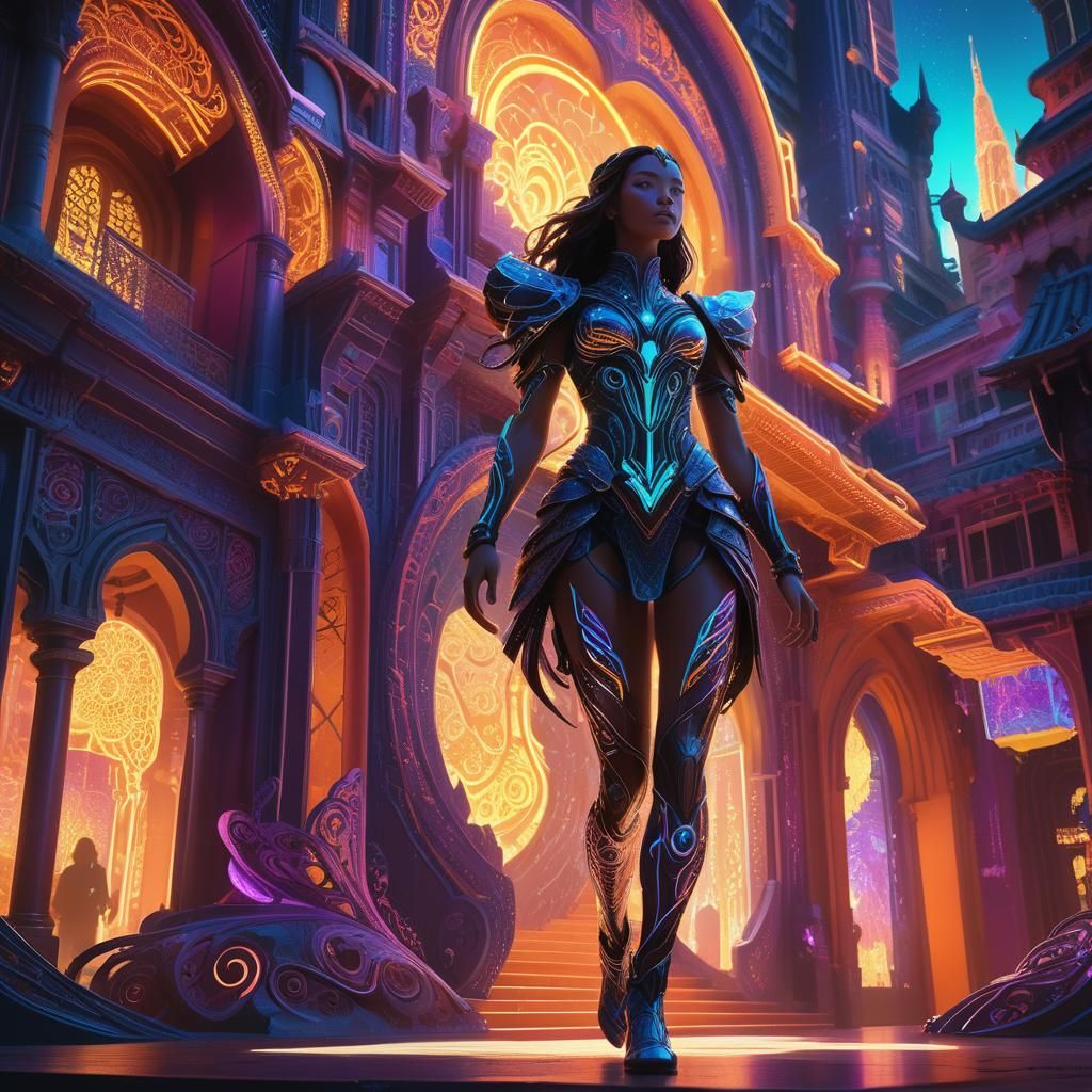 Radiant Being in Neon Cityscape: Fantasy Concept Art