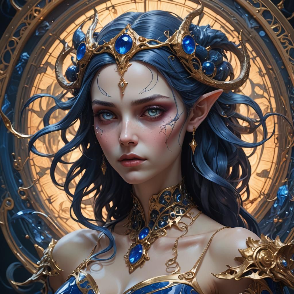 Sapphire Fairy: Demonic Porcelain Portrait in Detailed Style