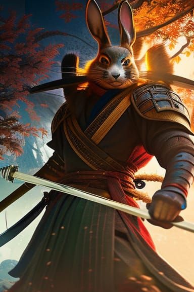 Samurai Rabbit in Attack Stance, Detailed Digital Art